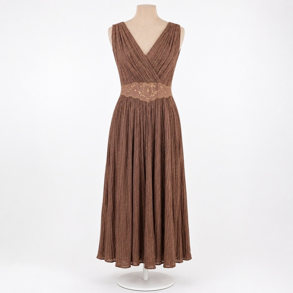 Boho Eyelet Lace Maxi Dress Size XS Brown Gold Fairy Grunge Indie Earthy Flowy